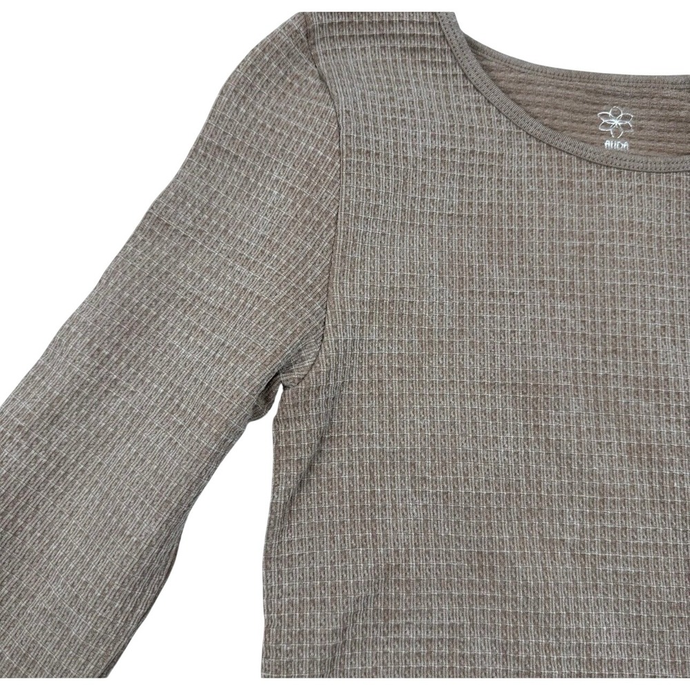 Aura Waffle Knit Top Womens XS/S Taupe Brown Long Sleeve Cropped‎ Scoop Neck